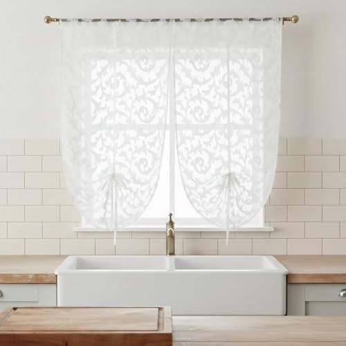 NAPEARL Tie Up Curtains, Jacquard Balloon Curtains for Kitchen Window, Ajustable Rod Pocket Sheer Curtain Valance for Bathroom Small Window, Set of 2 Panels (23W x 47L, White) - color: White, size: 23"W x 47"L (Pack of 2)