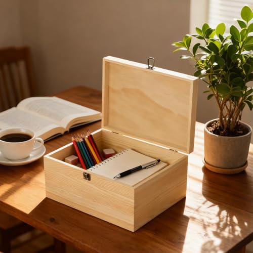 YAYODS Wooden Box with Hinged Lid, 13.7 x 9.8 x 6.7 Inch Large Wood Storage Box, Unfinished Wooden Keepsake Box for Crafts Art and DIY Hobbies, Jewelry, and Home Storage
