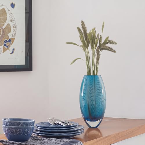 Murano Style Glass Vase Hand Blown Blue Feather Pattern Effect Home Decor - color: Blue