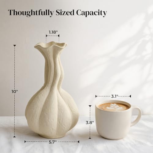 DOWAN Ceramic Vase for Flowers, 10'' Tall Warm White Decorative Vase with Narrow Neck, Modern Sculptural Rustic Vase for Table, Entryway and Mantel Decor - color: Soft White, size: 10 INCH
