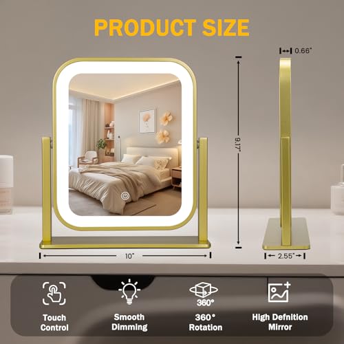 Vanity Mirror with Lights, 1500mAH, 10"×9" Makeup Mirror with Lights, Smart Touch with 3-Color Lighting, 360° Rotation, Portable LED Desk Mirror, Bedroom (Gold) - color: Gold, size: 10"L x 9"W