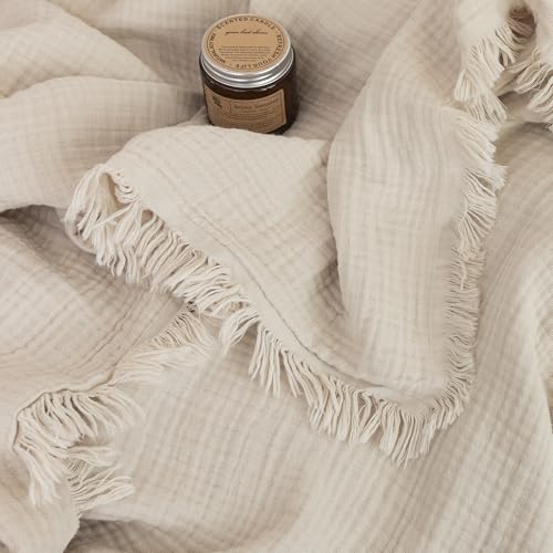 FOSSA Muslin Blanket 4-Layer 100% Cotton Gauze Blanket with Fringe 50"x70" - color: Beige, size: Throw XL (50" × 70")