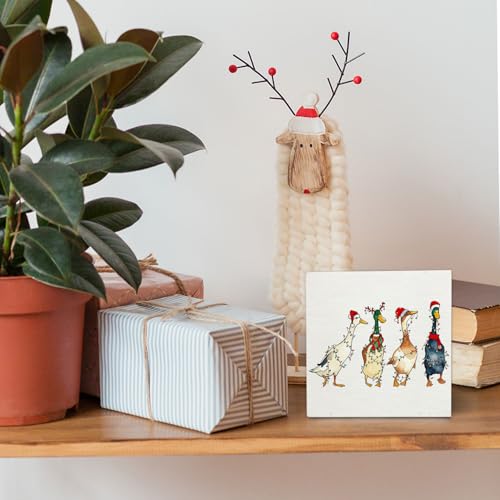 Funny Christmas Duck Wooden Box Sign Desk Decor, Gifts for Duck Lovers, Christmas Farmhouse Animal Donkeys Wood Block Sign for Home Office Desk Table Shelf Wall Decorations, 5x5 Inch - color: Duck