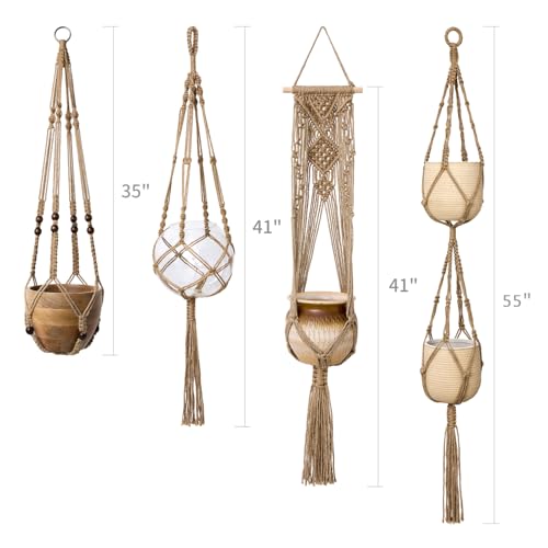 Mkono Macrame Plant Hangers Indoor Set of 4 Hanging Planter Basket Brown - color: Brown