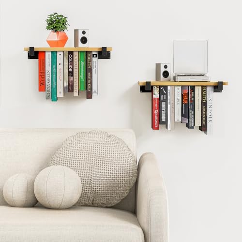 NANATI 2 Set of Floating Bookshelf, Pine Wood Invisible Bookshelf, Hanging Bookshelves for Wall, Unique Space Saving Wall Bookcase (16.5L×8.7W×1.5H) - size: 2 Set Pine Wood (Light Burn)