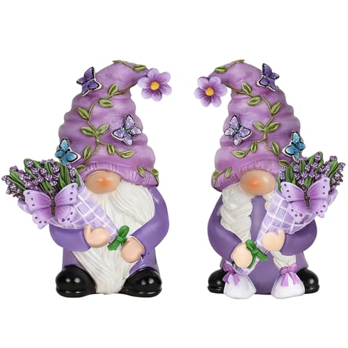 Purple Lavender Butterfly Couple Gnome Figurines(Resin, 3.9''H) - color: Purple