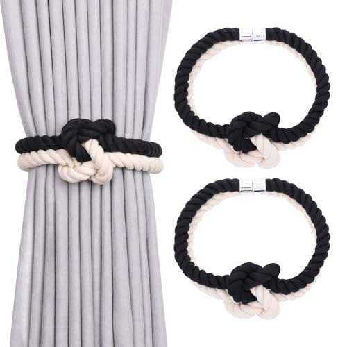 NICEEC Cotton Rope Magnetic Curtain Tiebacks, 2 Pack, Black & Beige - color: Black & Beige, size: 2 Pack