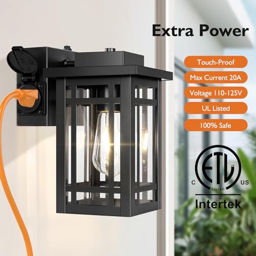 2-Pack Outdoor Porch Lights with Outlet,Dusk to Dawn Motion Modern Outdoor Wall Lights Exterior Lighting Fixtures Waterproof, Black Outside Light for House Patio Garage Hallway - color: Black