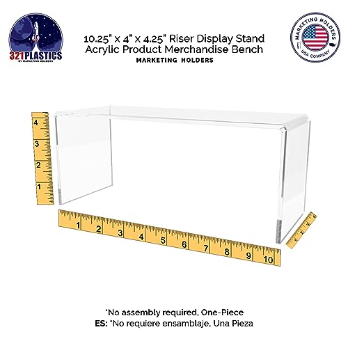 Marketing Holders 4 Pack Clear Acrylic Riser Display Stand 10 Inch Wide by 4 Inch Deep Retail Merchandise Showcase Elongated Bench Clear Plexiglass Counter or Tabletop Products Platform - size: 10.25"W x 4"D x 4.25"H