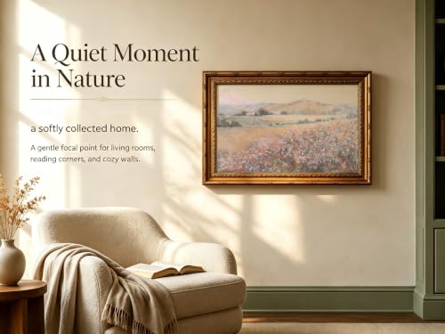 Vintage Gold Framed Pink Wildflower Canvas Wall Art Mountain Wildflowers Wall Decor Spring Field Print Landscape Painting Picture Country Natural Flowers Poster Print Artwork for Living bedroom Home - color: Pink Wildflower, size: 16"L x 12"W
