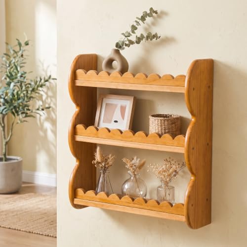 3-Tier Wood Wall Shelf, Scalloped Floating Shelves Storage Rack