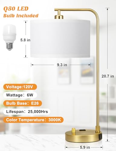 20.7" Gold Table Lamp with USB & Outlet, Fully Dimmable Nightstand Lamp - color: D-White Shade& Gold Base
