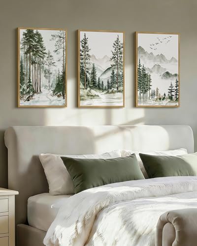 Drsoum Green Tree Forest Mountain Framed Wall Art Nature Landscape Prints Morden Wilderness Artwork Hallway Bedroom Ready to Hang 16x24in Natural Framed - color: Line Abstract, size: 24L" x 16W", Natural Framed