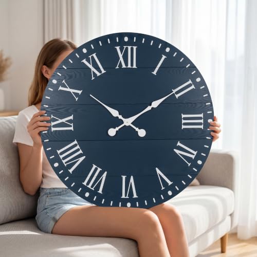 Large Wall Clock with Roman Numeral, 28” Shiplap Farmhouse Clock - color: Blue, size: 28 Inch