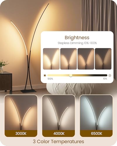 Modern 85.4" Arc Floor Lamp for Living Room, 2 Lights Arched Standing Tall Lamp with Remote, X-Shaped Bright Curved Lamp, Dimmable LED Corner Light for Bedroom, Office, Black, B61LD05W1 - color: 3CCT