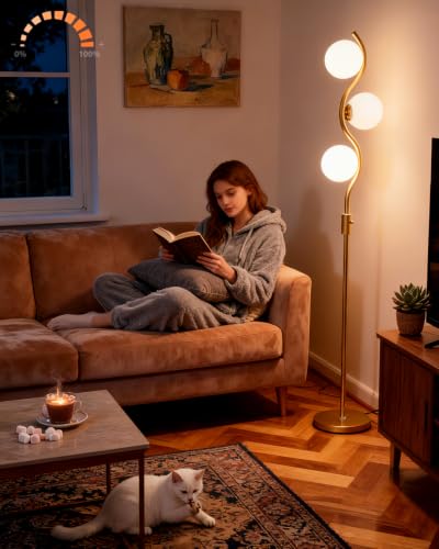 Lightdot 60IN Gold Floor Lamp Stepless Dimmable Globe Floor Lamps with 3Pcs 3000K Bulbs Included Eye-Friendly Mid Century Standing Lamps with 5Lbs Heavy Base for Living Room/Bedroom/Sofa Beside - color: 3 Globe-Gold S