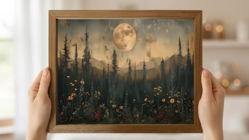 HYHSMiekl Full Moon Forest Wall Art Canvas Print, Moody Night Landscape Wildflower Painting, Cottagecore Pine Tree Decor, Waterproof Fade Resistant Framed Artwork, Ready to Hang 12x16inch - color: milin, size: 16"L x 12"W