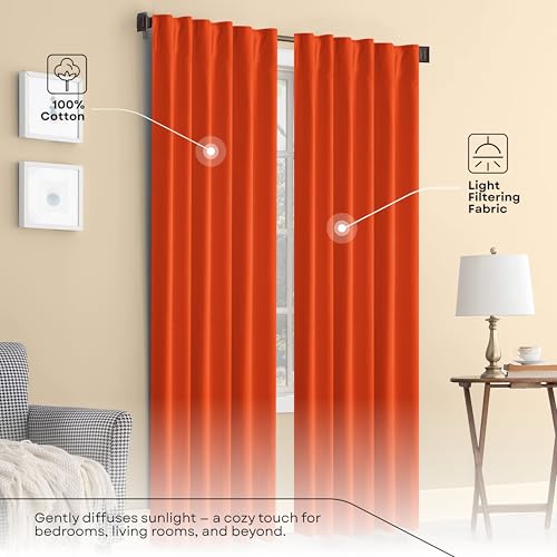 Orange Solid Panel Curtains, 63 Inches Long, Set of 2, 100% Cotton, Light Filtering for Privacy, Vibrant Farmhouse Style, Ideal for Bedroom, Living Room, 54" W x 63" L - color: Bright Orange, size: 54"W x 63"L (Pack of 2)