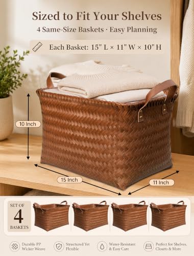 Wicker Storage Baskets, 4 Pack Woven Baskets for Shelves, Brown - color: Rectangle Brown