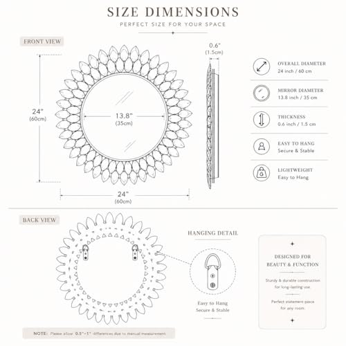 24 Inch Round Crystal Diamond Wall Mirror, Silver Jeweled Decorative Mirror for Bathroom Vanity, Entryway, Living Room & Glam Wall Decor - color: Clear Crystal Round - 24"l X 24"w, size: 24"L x 24"W
