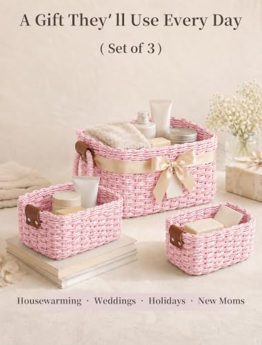 Small Wicker Baskets, 3 PCS Paper Rope Baskets for Shelves, Pink - color: Pink