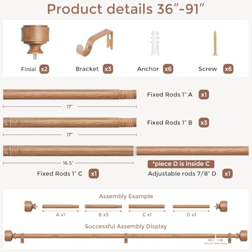 Wood Curtain Rod 36-91 Inch, Boho Faux Wood Grain Drapery Rods - color: Wood, size: 36"-91" (1 Pack)