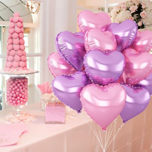 Pink Purple Heart Foil Balloons, 12Pcs 18Inch Heart Shaped Balloons - color: Pink Purple
