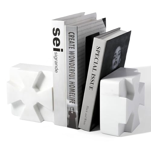 Decorative Square Marble Bookends for Heavy Books – Unique Book Ends for Shelves – Modern Aesthetic Book Holder/Stopper with Non-Slip Pads for Chic Home, Office, or Library Decor, White - style: Square-White