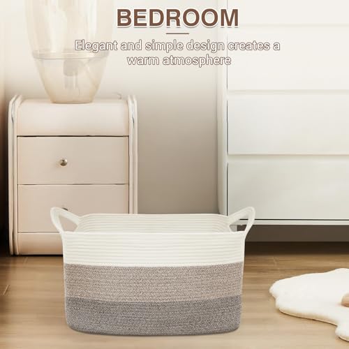 YOUDENOVA Large Blanket Basket, Rectangle Cotton Rope Storage Baske - color: White+Light Brown+Dark Brown