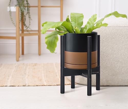 D'vine Dev Ceramic Pot with Ebony Wood Stand, Black/Tan, 8 in, 55-B-M-7 - color: Black/Speckled Tan Pot + Ebony Stand, size: 8 Inch