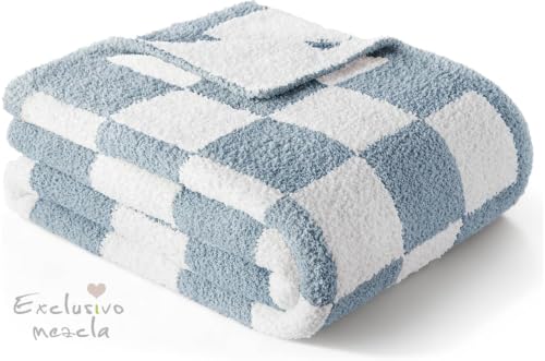 Exclusivo Mezcla Checkered Knit Blanket Twin Size for Bed, Stone Blue - color: Stone Blue, size: Twin (60"x80")