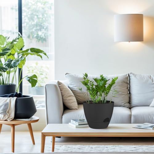 ZMTECH 10 Inch Plant Pots Set of 2 Planters for Indoor Plants Self Watering Pots Flower Pots with Drainage Holes and Saucer for Outdoor Plants(Black) - color: Black, size: 10 Inch