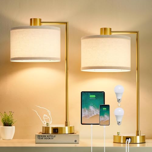 Gold Table Lamp Set of 2, Dimmable Bedside Lamps for Night Stands, USB A+C - color: Gold