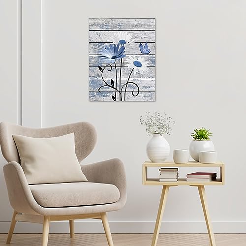 HVEST Vintage Floral Canvas Wall Art Blue and White Daisy Butterfly on Farmhouse Wooden Wall Decor for Bedroom, Country Wildflower Framed Wall Art for Living Room Office Home Decor,24L X 16W inches - color: Blue, size: 24"L x 16"W