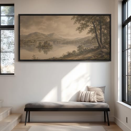 wall26 Extra Large Framed Wall Art Canvas Print - Sepia Antique Vintage Lake Mountain - Contemporary Artwork for Living Room Bedroom Office - 60"x30" Black - color: A07-2607-ANG15, size: 60"L x 30"W, style: Black Frame