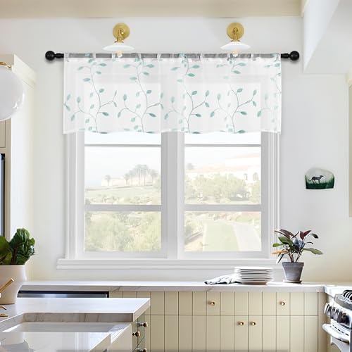 MRTREES Sheer Christmas Curtain Valance, 2 Panels Leaves Embroidered Small Valances Curtains 54x16 Inches, Rod Pocket Short Window Treatment Toppers for Living Room Bedroom Kitchen(Aqua Blue Leaves) - color: Leaves-aqua Blue