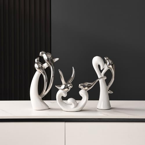 Ceramic Statues Set of 3, Birds and Base Sculpture Modern Home Decor - color: White and Silver