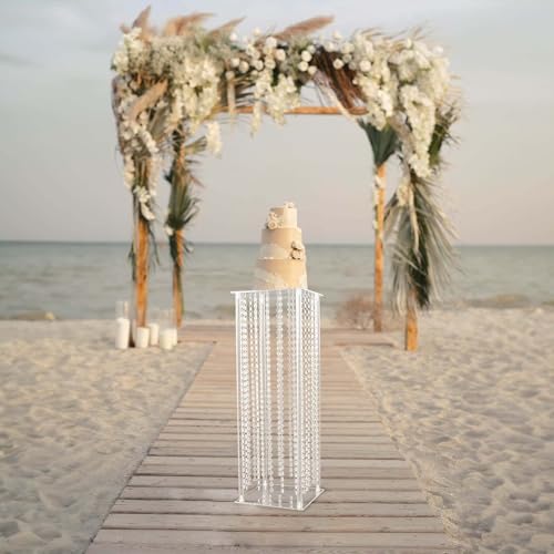 Efavormart 32" Heavy Duty Acrylic Flower Pedestal Vase with Hanging Crystal Beads, Clear Pillar Stand Wedding Table Centerpieces with Pre-Chained Garlands - 5mm Thick Plates - size: 32‘’x11''