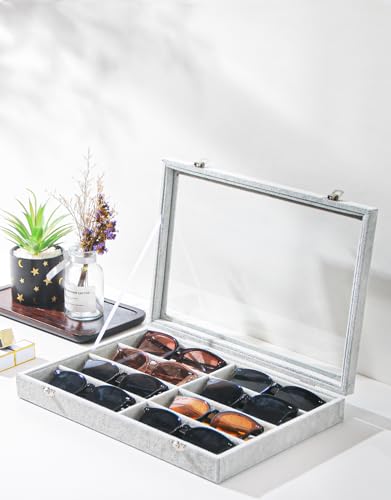 Coward Sunglass Organizer Tray Box, Grey Beige Velvet Eyeglasses Display Tray Case with Transparent Glass Lid for Home Use or Store Shop Selling Show - color: Grey Beige Velvet, size: Sunglass Box