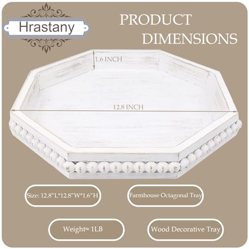 Hrastany Whitewashed Octagonal Wood Decorative Tray, Small Farmhouse Wooden Serving Tray with Beads, Versatile Shabby Chic Coffee Table Tray for Kitchen Counter, Ottoman, Living Room - color: Whitewashed-z8, size: 12" x 12" x 1.6"