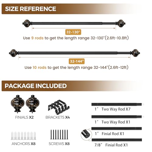 KAMANINA 1 Inch Curtain Rods for Windows 72 to 144 Inch, Black Drapery Rods - color: Black, size: 72-144"
