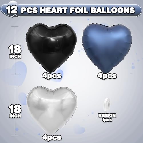 Black Blue Silver Heart Balloons,12Pcs 18Inch Heart Shaped Balloons - color: Black Blue Silver