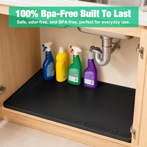 Under Sink Mat 34" X 22", Waterproof Silicone Cabinet Kitchen Liner, Black - color: Black, size: 22"W x 34"L