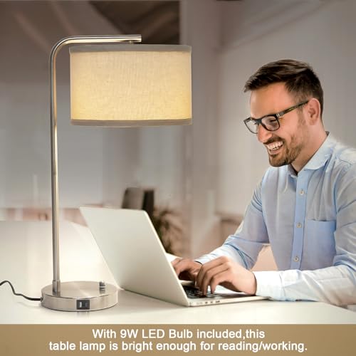 25" Tall Modern Bedside Lamp with USB C+A Ports, Fully Dimmable Table Lamp - color: Silver