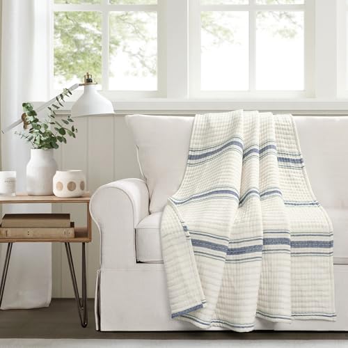 Lush Decor Farmhouse Stripe Kantha Pick Stich Yarn Dyed Cotton Woven Throw Reversible Ticking Pinstripe Design Blanket, 50" x 60", Navy - color: Navy