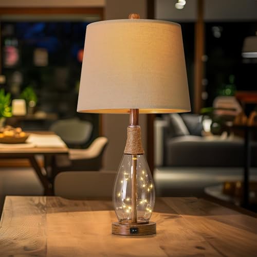 OYEARS 23" USB A+C Table Lamp for Bedroom Living Room Modern Bedside Lamps Retro Farmhouse Rattan Glass Nightstand Nightlight Lamps,Two Light Points - color: Antique Brown