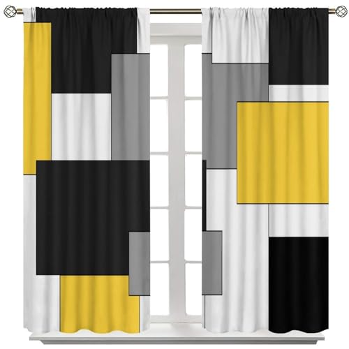 Yellow Black Grey Curtains, Abstract Square Geometric Pattern Texture Window Treatments for Kitchen Bedroom Living Room 2 Panel Sets,42x45 Inch Decor - color: Geometric-12, size: 21"W x 44.5"L (Pack of 2)