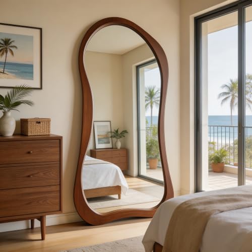 71"x33.5" Irregular Full Length Mirror with Solid Wood Frame - color: Walnut Wood Frame, size: 71"L x 33.5"W