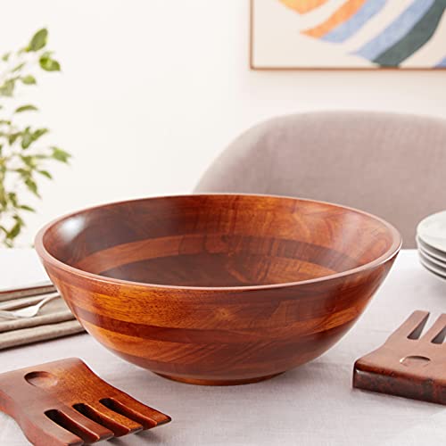 Lipper International Rubberwood Footed Bowl with Cherry Finish for Fruits, Salads, or Popcorn, Large, 13.75" Diameter x 5" Height, 216.41 Fl. Oz., 3-Piece Set with Salad Hands - size: Large, style: 3-Piece Set with 2 Salad Hands