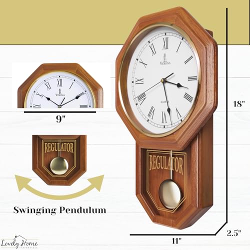 Pendulum Wall Clock Battery Operated, Real Wood Regulator Clock, Quiet - color: Light Wood